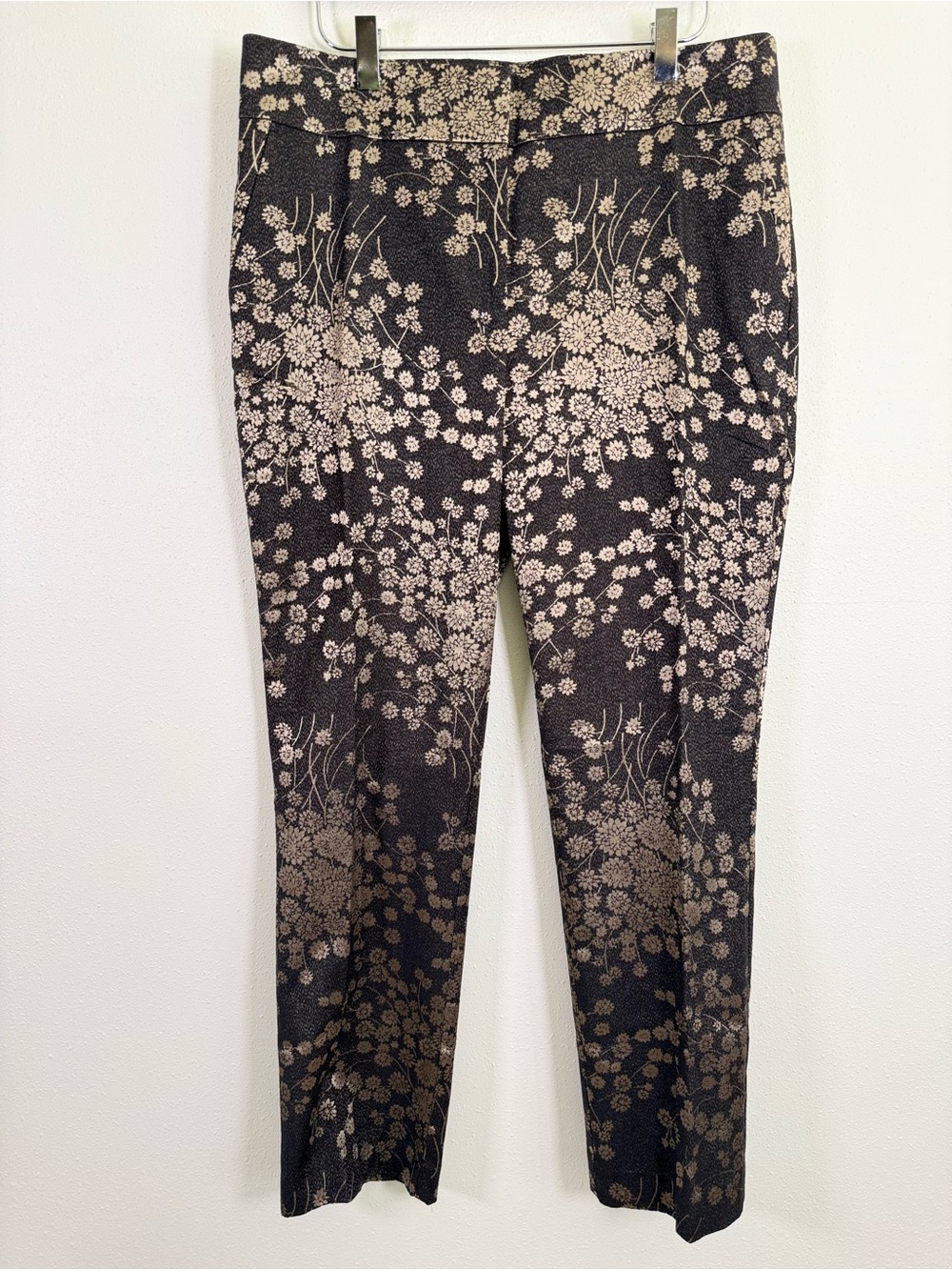 Ann Taylor Factory Floral Jacquard Ankle Pants Size 8 Black Gold Cotton Stretch